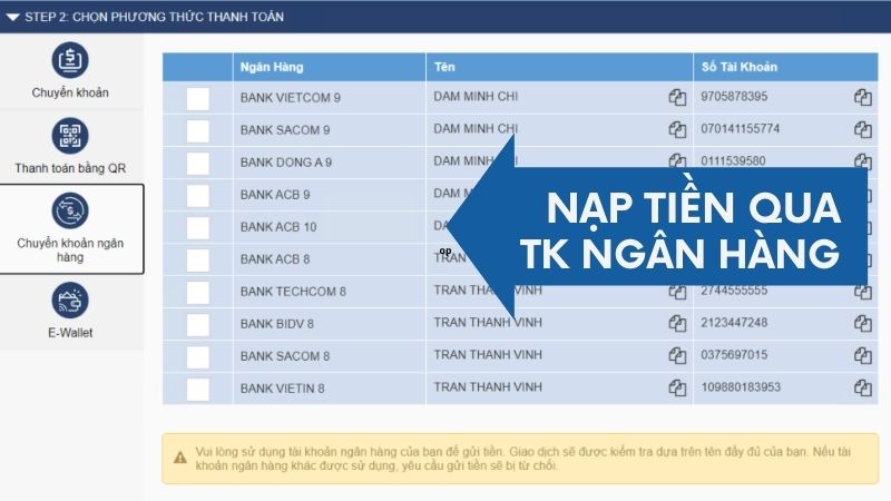 nap tien qua tai khoan ngan hang